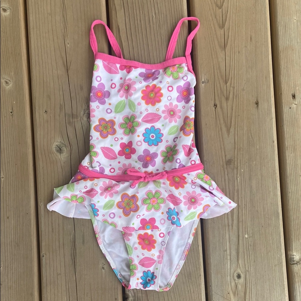 Penelope Mack Pink and White One Piece Swimsuit with Skirt